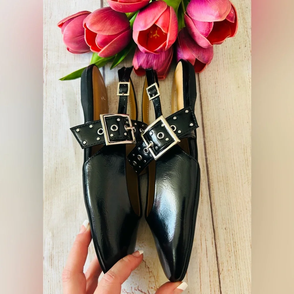 SODA Black Patent Leather Slingback Mary Jane Buckle Grommet Round Toe Flats